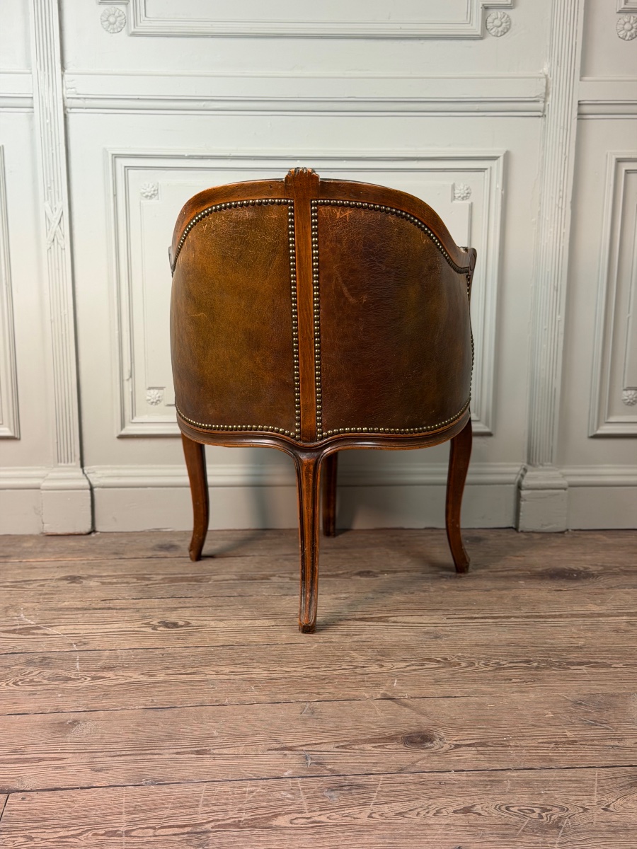 Fauteuil de bureau de style Louis XV en bois sculpté, cuir brun, vers 1920-photo-2