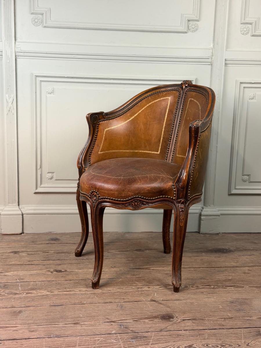 Fauteuil de bureau de style Louis XV en bois sculpté, cuir brun, vers 1920-photo-3