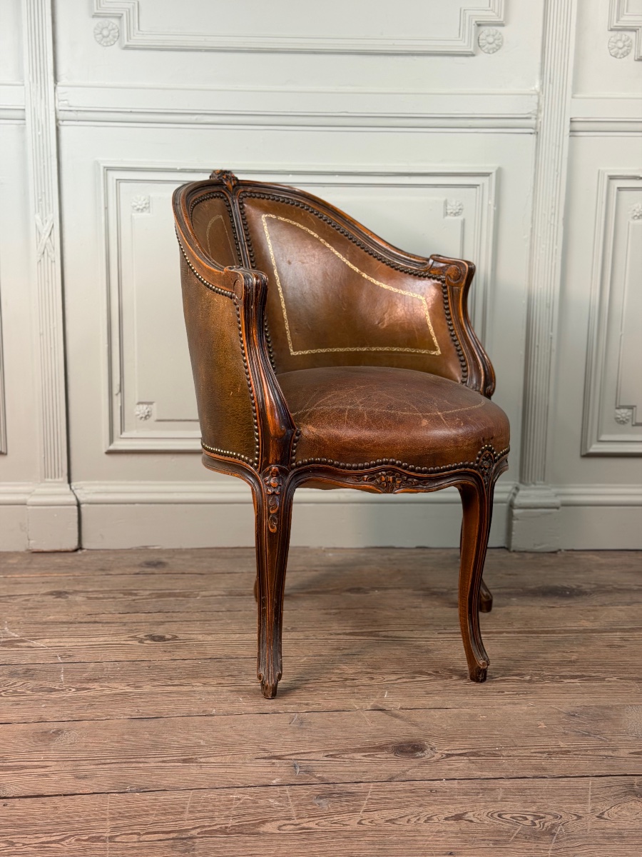 Fauteuil de bureau de style Louis XV en bois sculpté, cuir brun, vers 1920-photo-4
