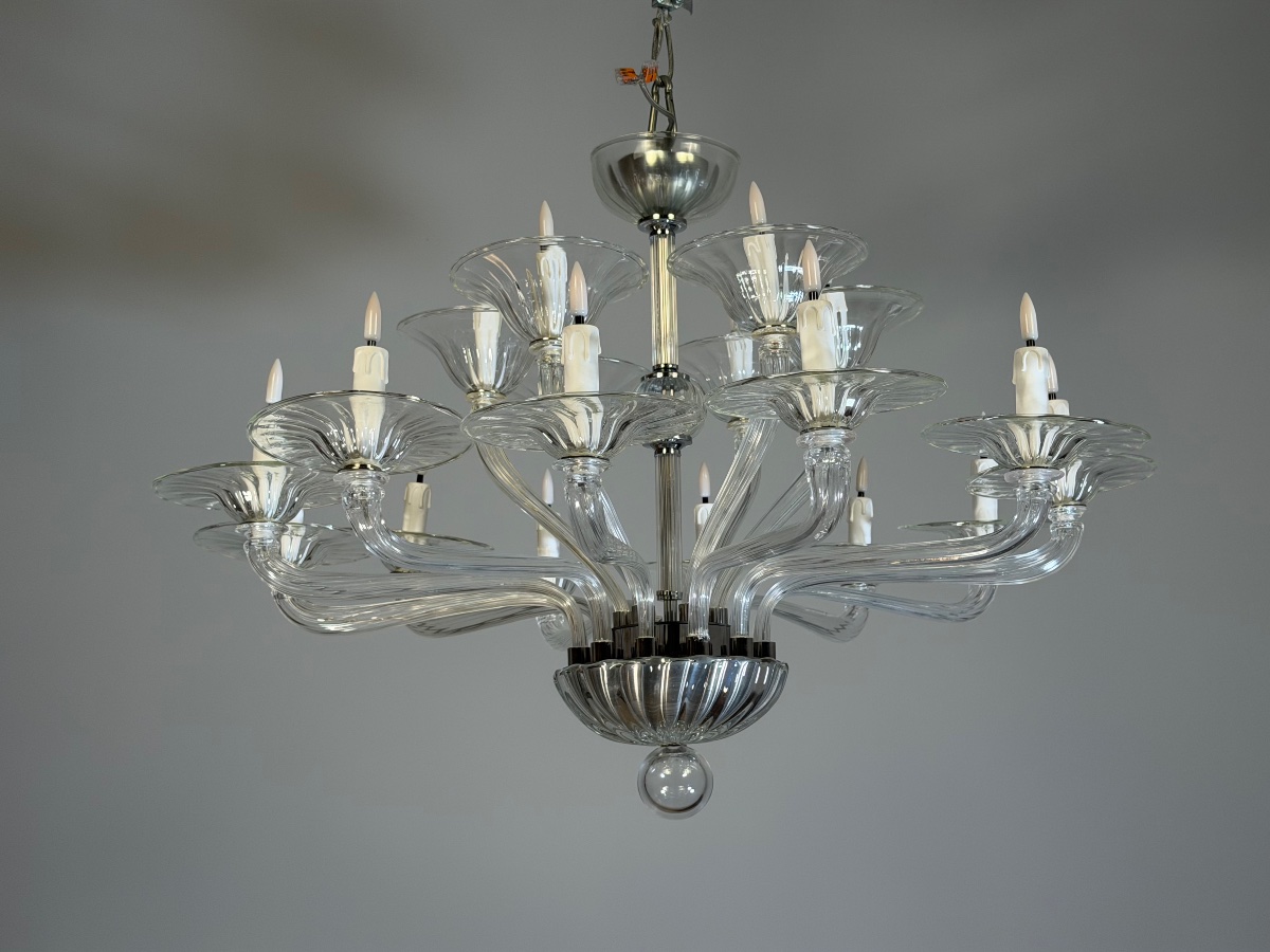 Venetian Chandelier Made Of Clear Murano Glass, 18 Light Arms, Circa 1990-photo-5