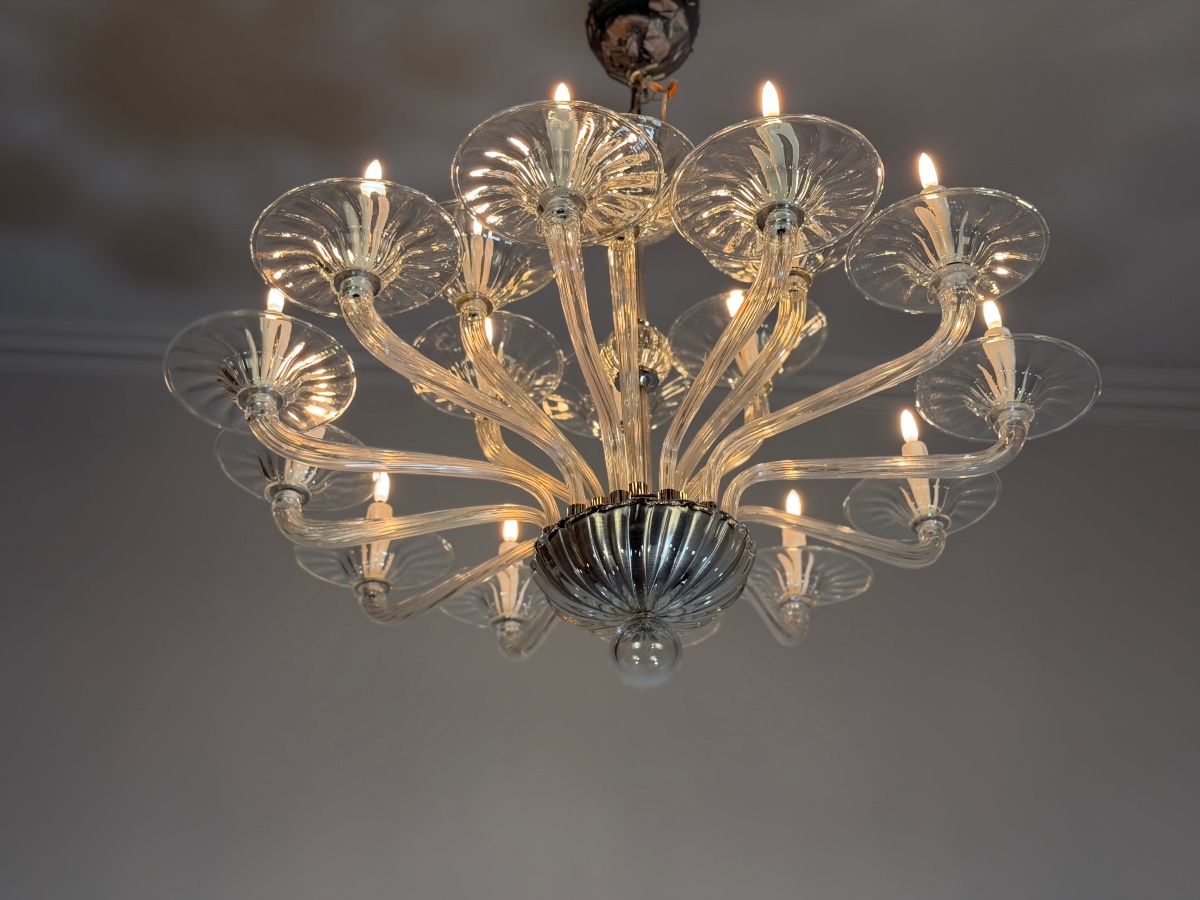 Venetian Chandelier Made Of Clear Murano Glass, 18 Light Arms, Circa 1990-photo-6