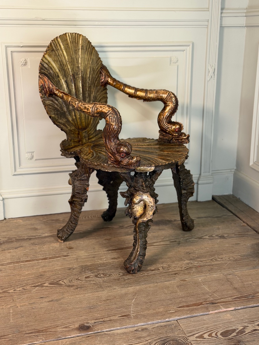Venetian “grotto” Armchair In Carved, Polychrome, Silver-plated, And Gilded Wood, Circa 1890 -photo-3