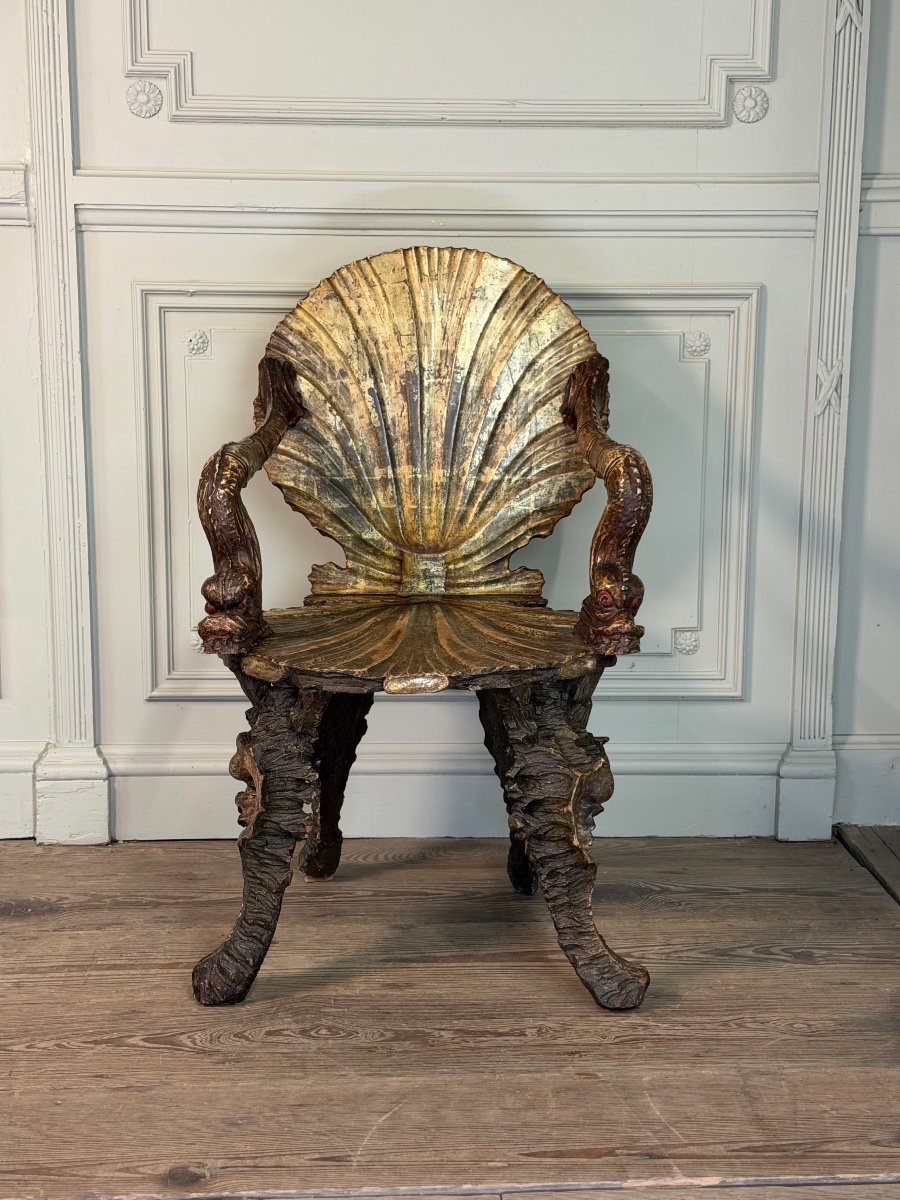 Venetian “grotto” Armchair In Carved, Polychrome, Silver-plated, And Gilded Wood, Circa 1890 -photo-1