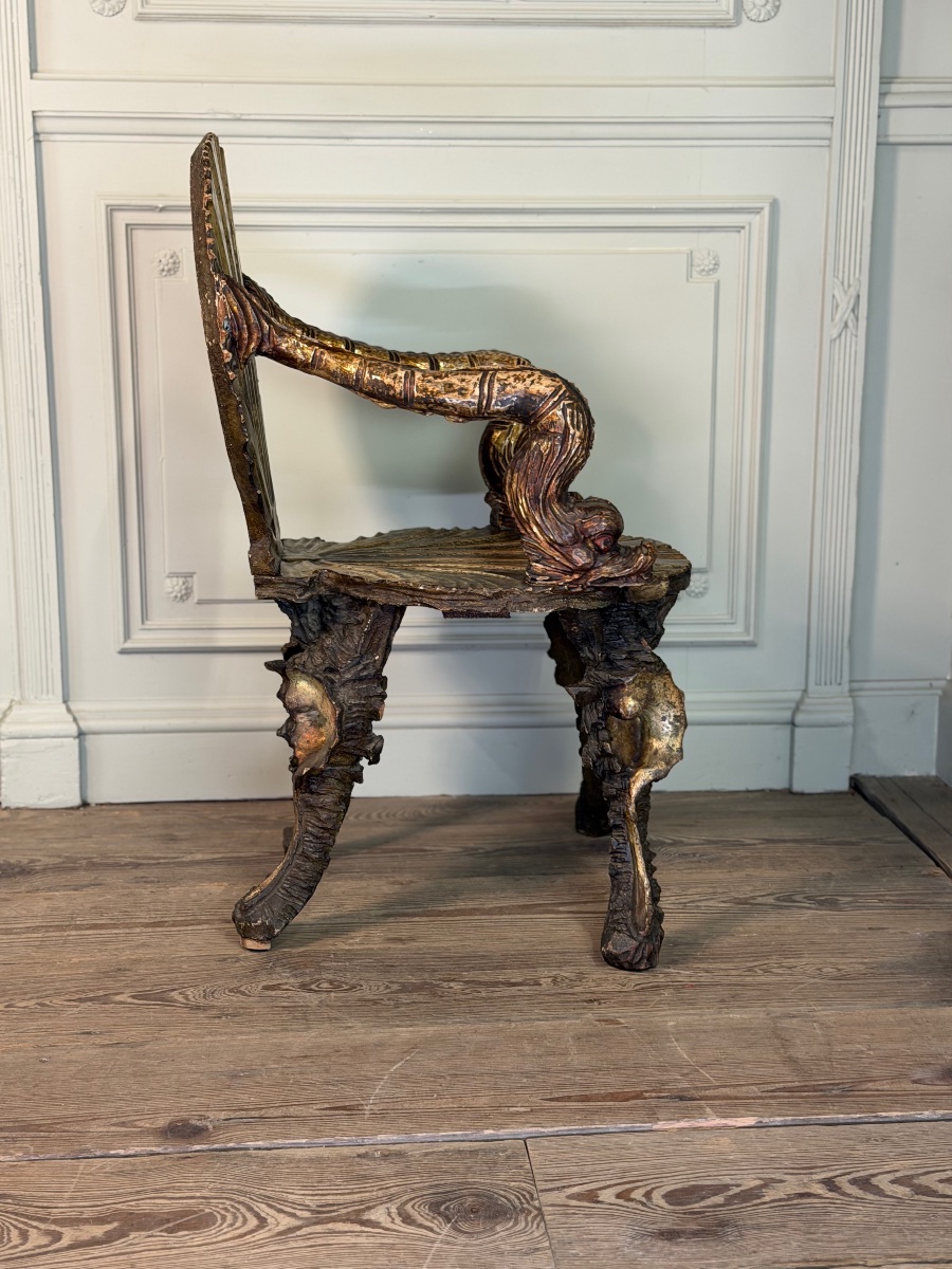 Venetian “grotto” Armchair In Carved, Polychrome, Silver-plated, And Gilded Wood, Circa 1890 -photo-4