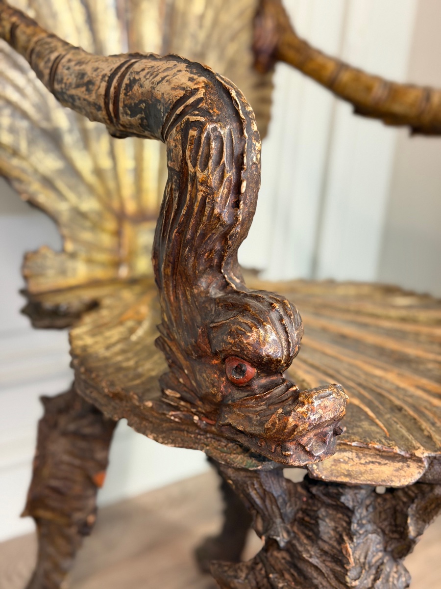 Venetian “grotto” Armchair In Carved, Polychrome, Silver-plated, And Gilded Wood, Circa 1890 -photo-6