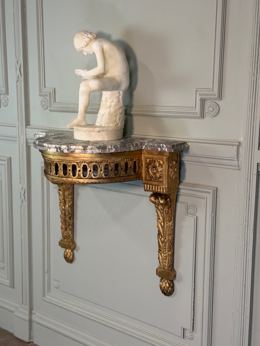 Louis XVI Console Table In Carved And Gilded Wood, With Gray Ardennes Marble, 18th Century -photo-3