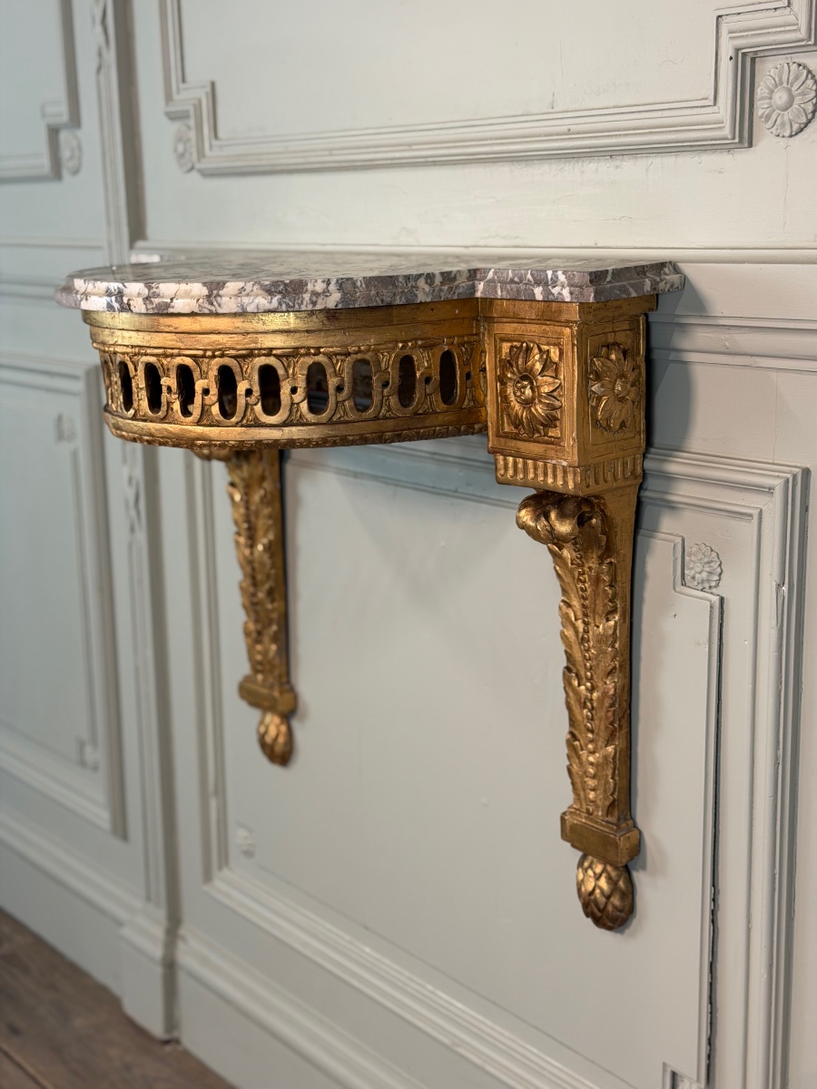 Louis XVI Console Table In Carved And Gilded Wood, With Gray Ardennes Marble, 18th Century -photo-4
