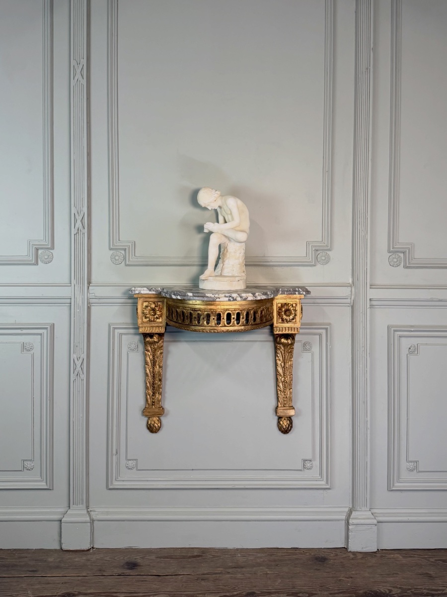 Louis XVI Console Table In Carved And Gilded Wood, With Gray Ardennes Marble, 18th Century -photo-4