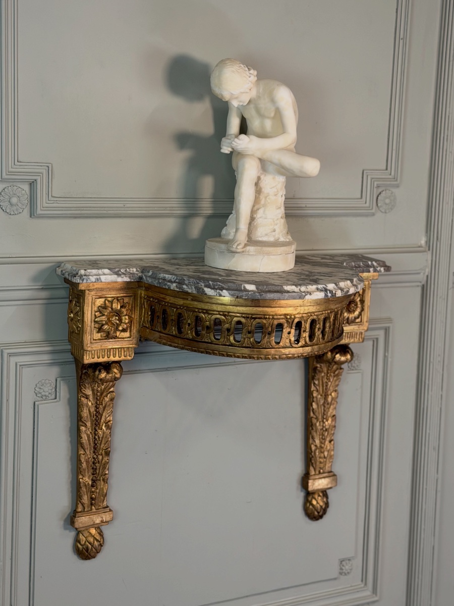 Louis XVI Console Table In Carved And Gilded Wood, With Gray Ardennes Marble, 18th Century -photo-5