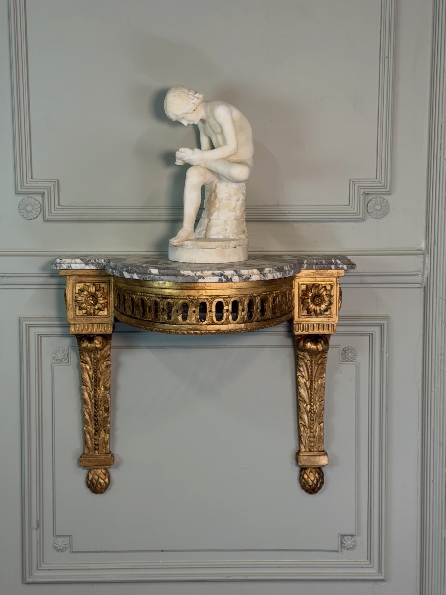 Louis XVI Console Table In Carved And Gilded Wood, With Gray Ardennes Marble, 18th Century 
