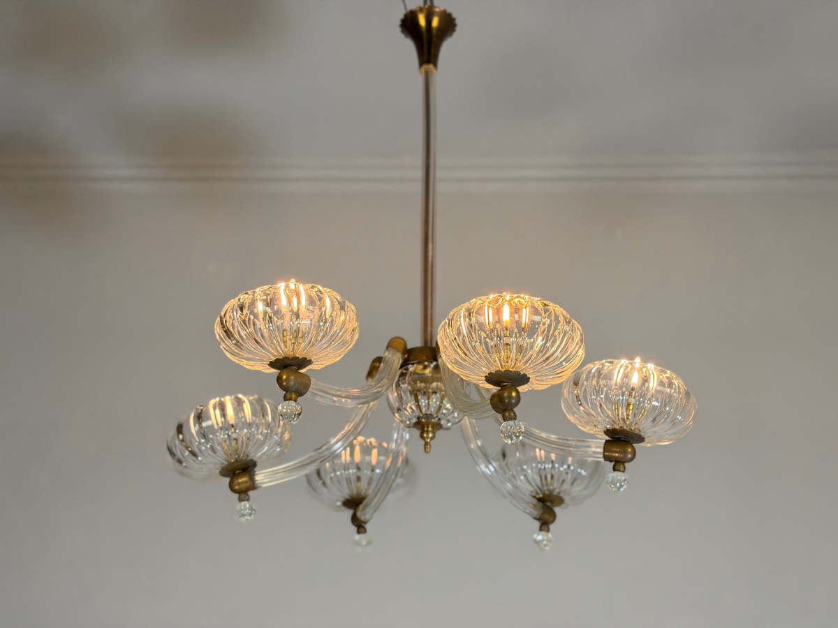 Lustre vénitien en verre de Murano et laiton, vers 1950