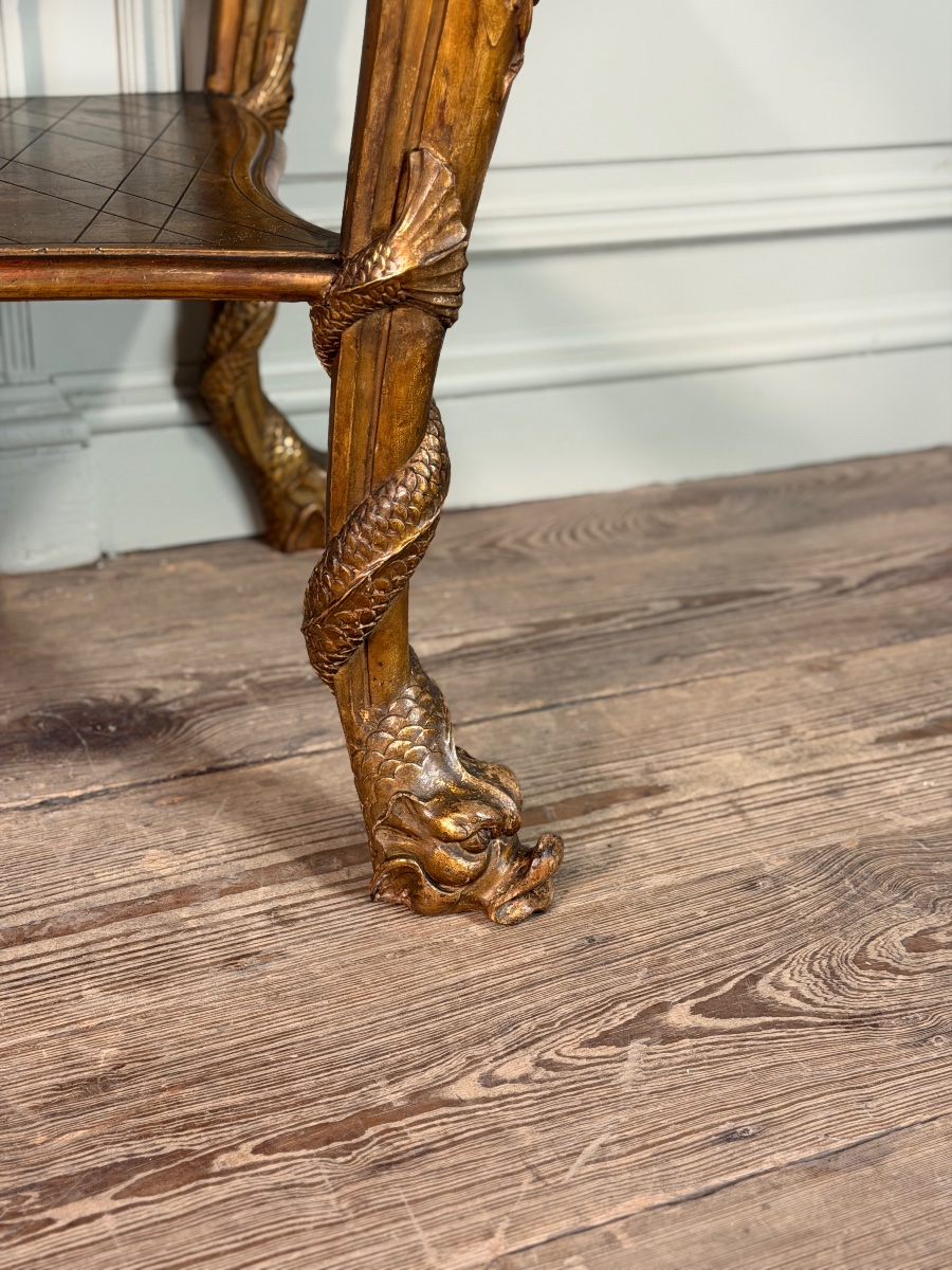 Console en bois doré, quatre pieds garnis de monstres marins, marbre brèche violette, vers 1900-photo-4