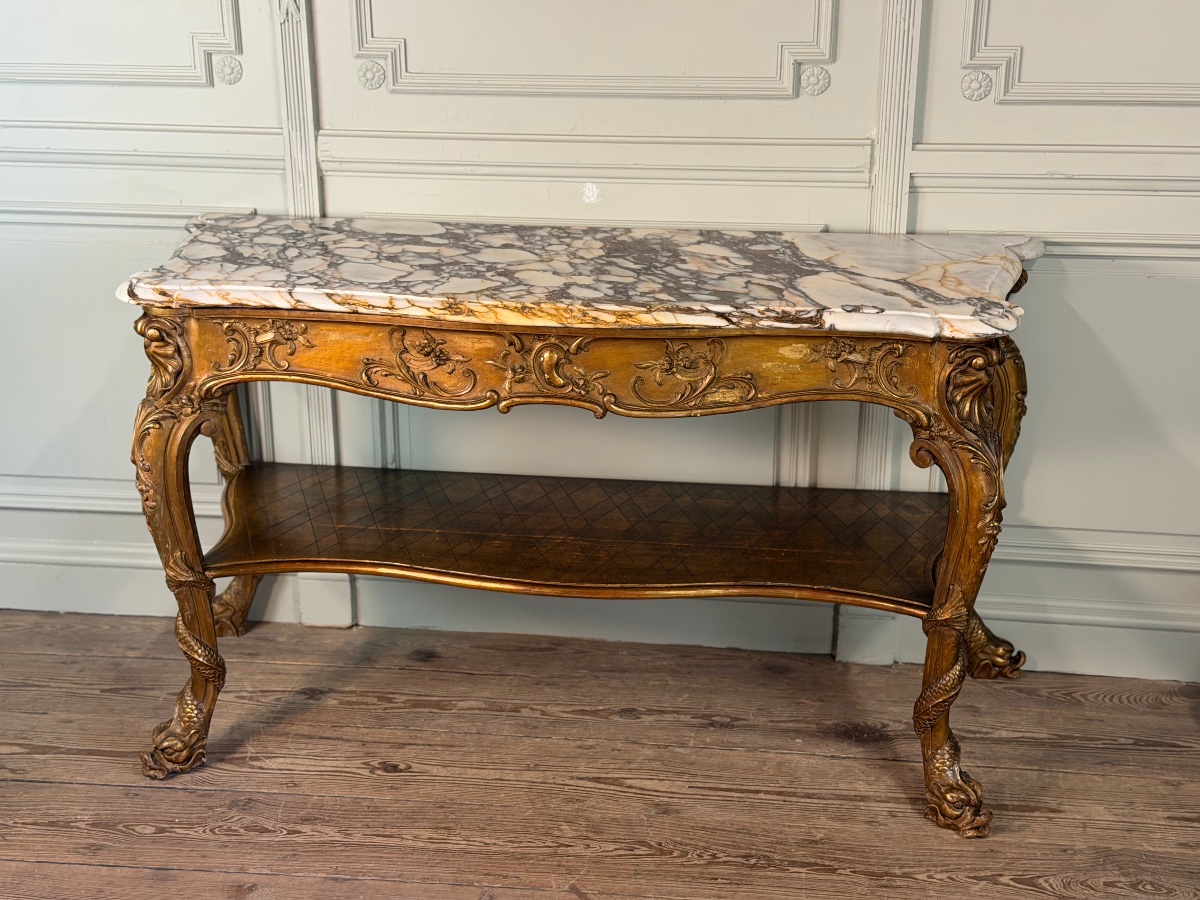 Console en bois doré, quatre pieds garnis de monstres marins, marbre brèche violette, vers 1900-photo-1