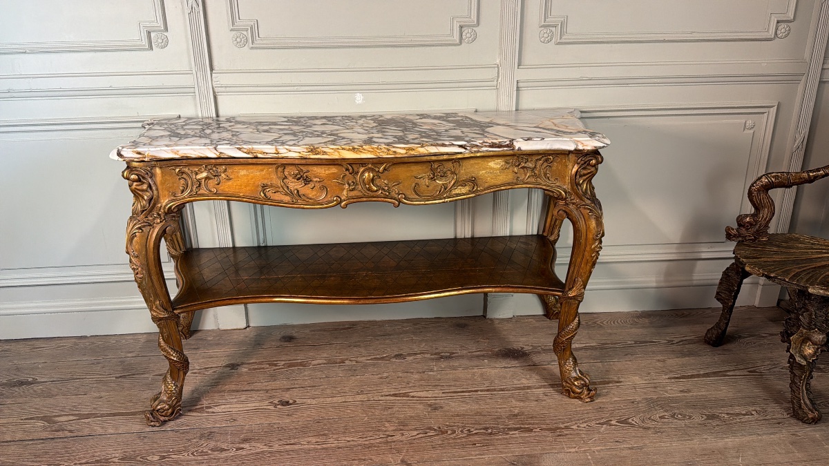 Console en bois doré, quatre pieds garnis de monstres marins, marbre brèche violette, vers 1900-photo-2