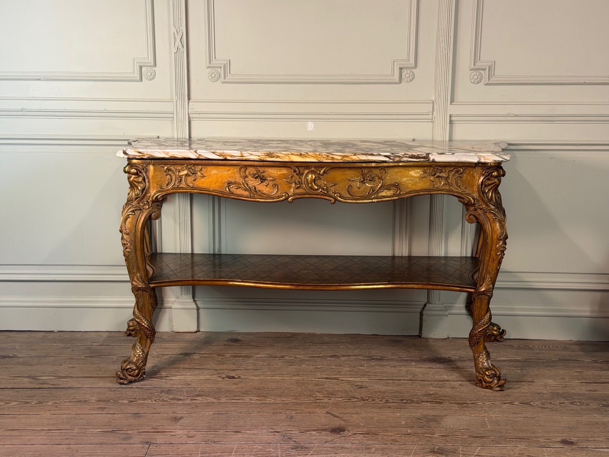 Console en bois doré, quatre pieds garnis de monstres marins, marbre brèche violette, vers 1900-photo-3
