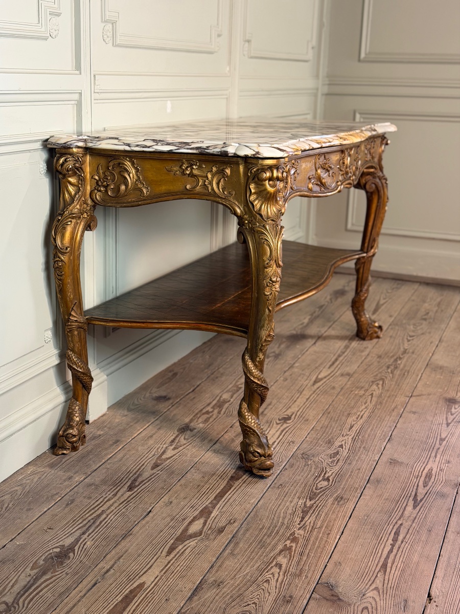 Console en bois doré, quatre pieds garnis de monstres marins, marbre brèche violette, vers 1900-photo-4