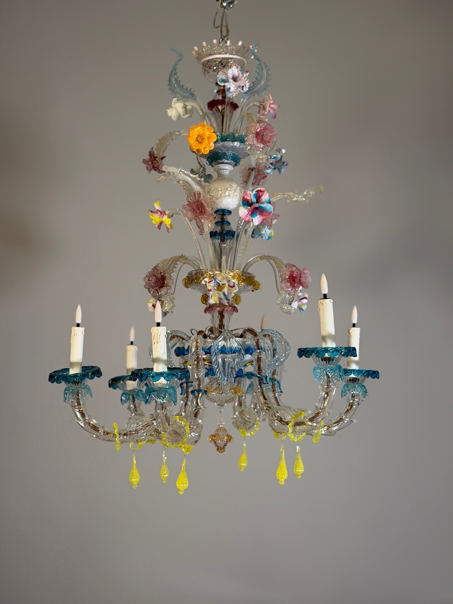 Multicolored Murano Glass Rezzonico Venetian Chandelier, Circa 1900 -photo-2
