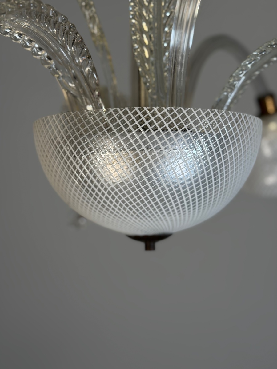 Venetian Murano Glass Chandelier With “reticello” Design, Three Light Arms, Circa 1940 -photo-2