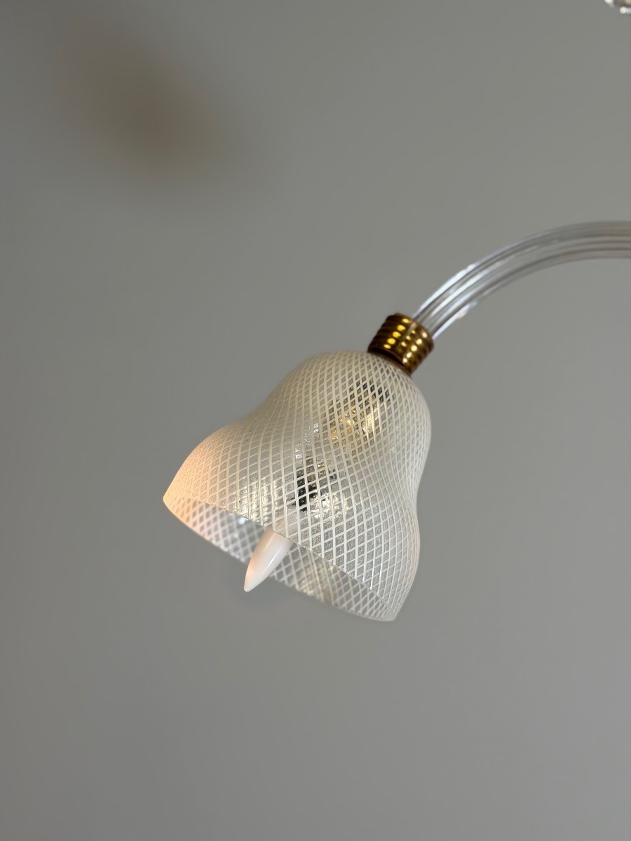 Venetian Murano Glass Chandelier With “reticello” Design, Three Light Arms, Circa 1940 -photo-3
