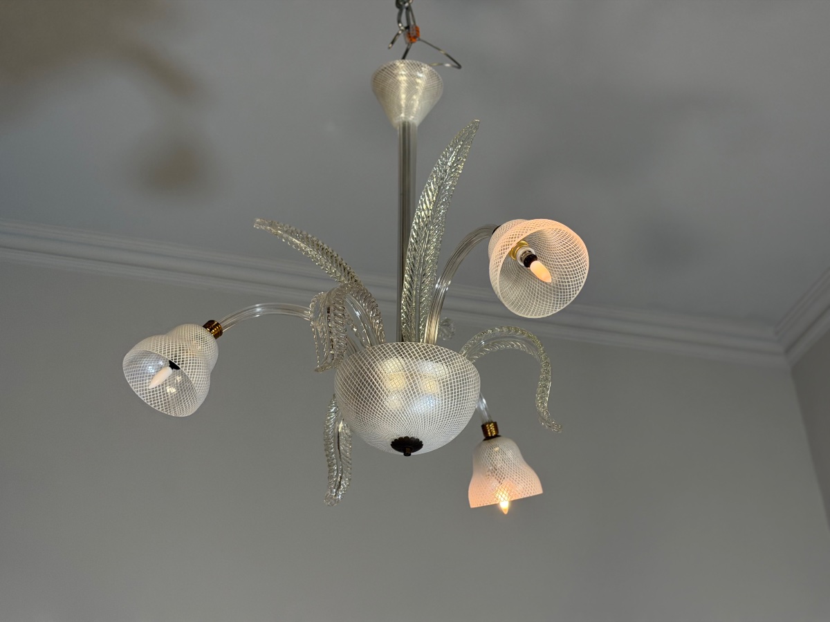 Venetian Murano Glass Chandelier With “reticello” Design, Three Light Arms, Circa 1940 -photo-2
