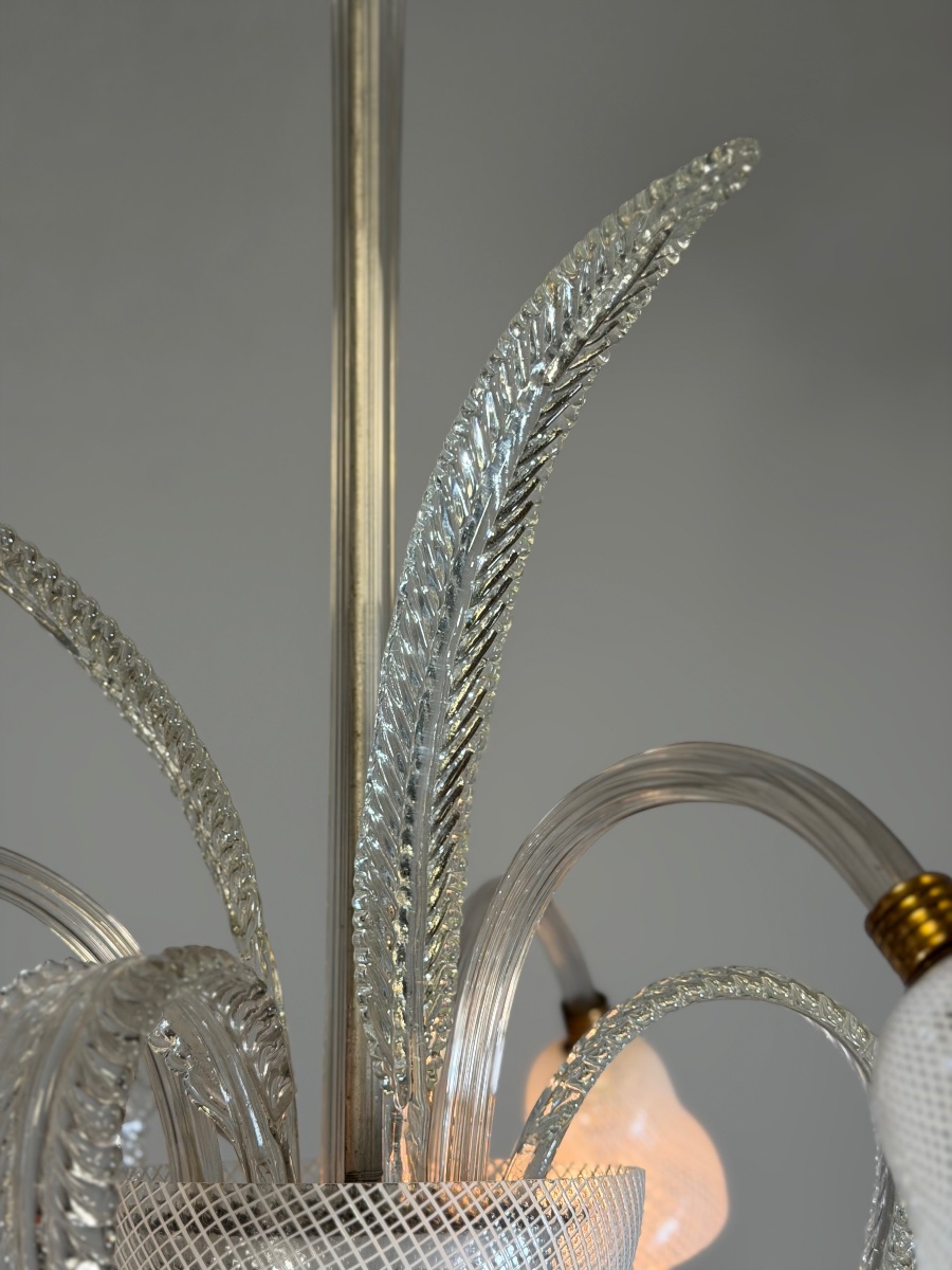 Venetian Murano Glass Chandelier With “reticello” Design, Three Light Arms, Circa 1940 -photo-6