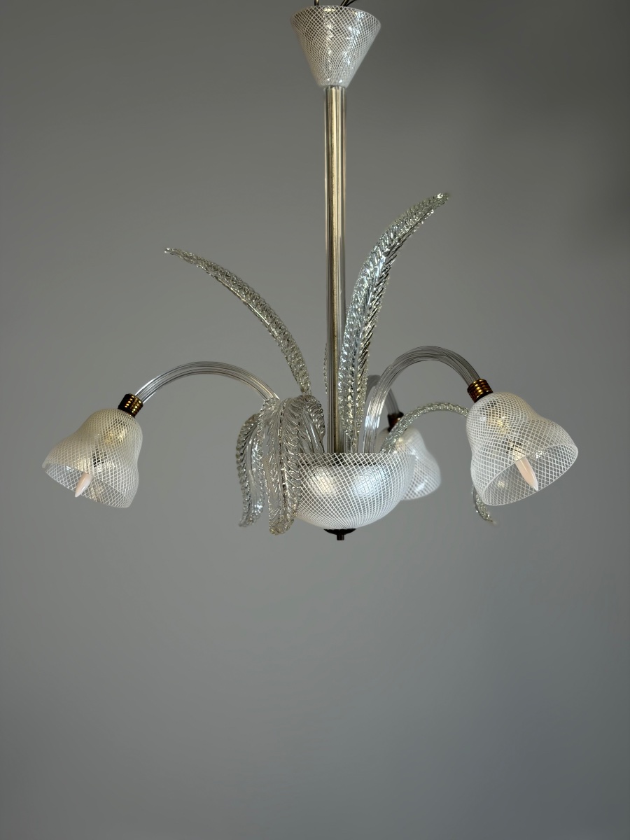 Venetian Murano Glass Chandelier With “reticello” Design, Three Light Arms, Circa 1940 