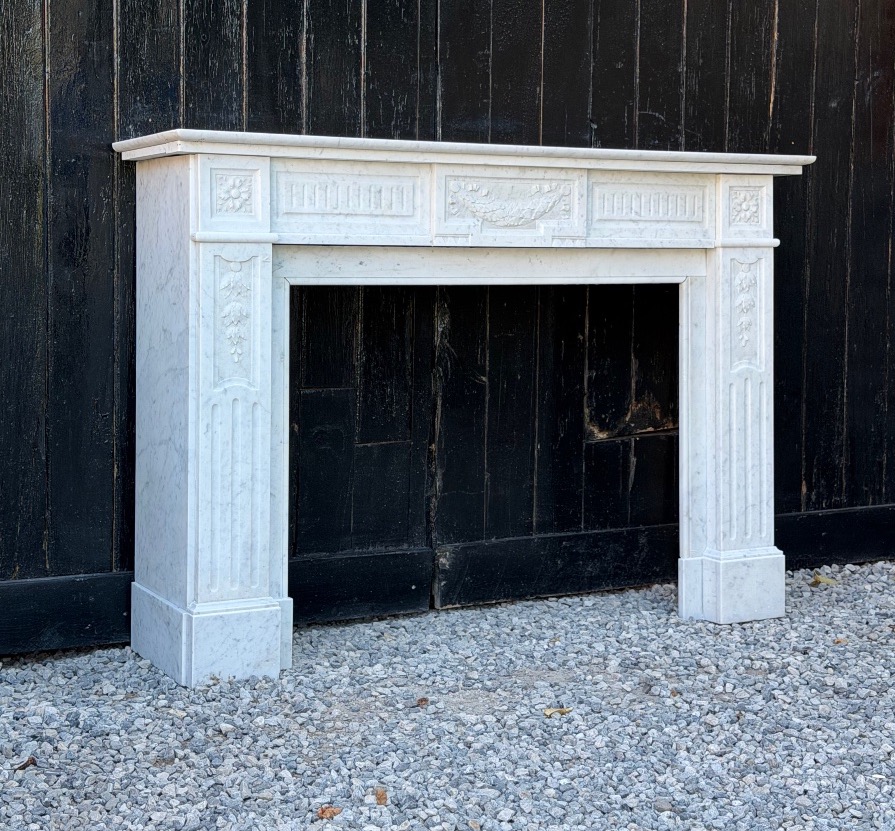 Louis XVI-style Fireplace In White Carrara Marble, Circa 1880-photo-4