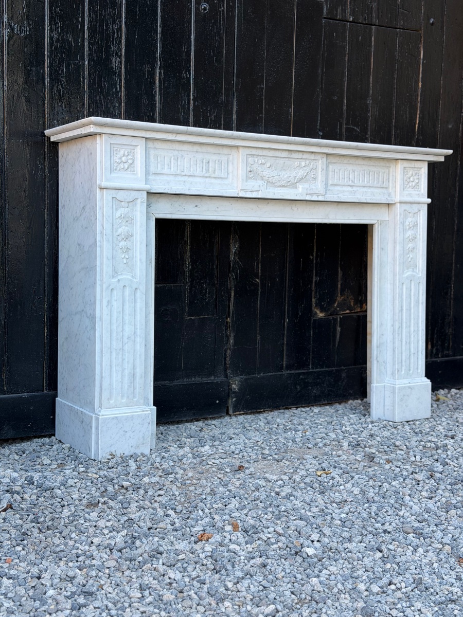 Louis XVI-style Fireplace In White Carrara Marble, Circa 1880-photo-3