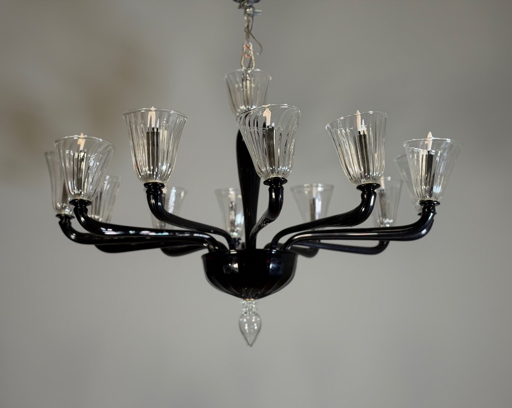 Venetian Murano Glass Chandelier In Black And Clear, 12 Light Arms, Circa 1990-photo-2