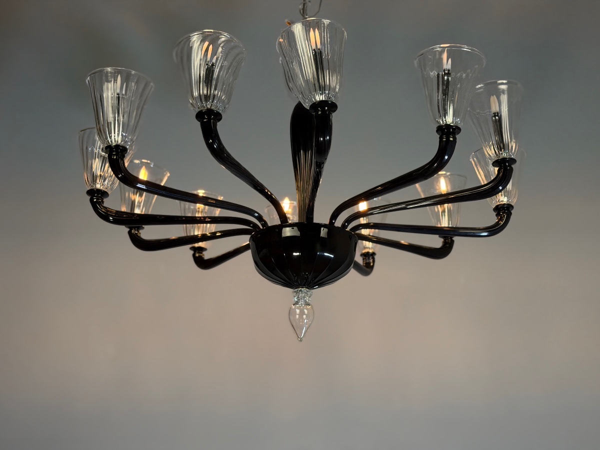 Venetian Murano Glass Chandelier In Black And Clear, 12 Light Arms, Circa 1990-photo-3