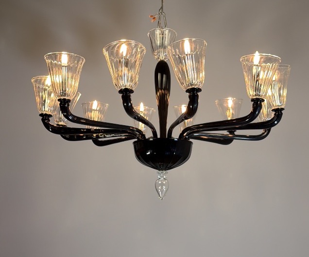 Venetian Murano Glass Chandelier In Black And Clear, 12 Light Arms, Circa 1990-photo-2