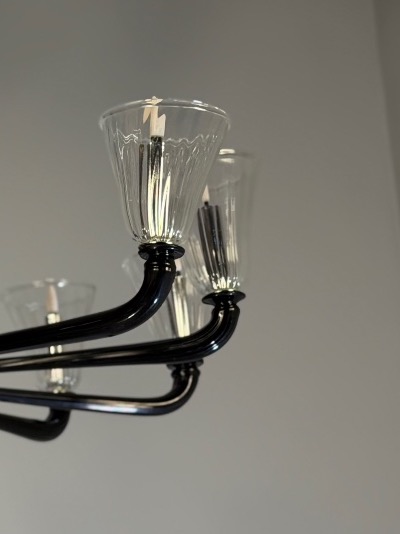 Venetian Murano Glass Chandelier In Black And Clear, 12 Light Arms, Circa 1990-photo-3