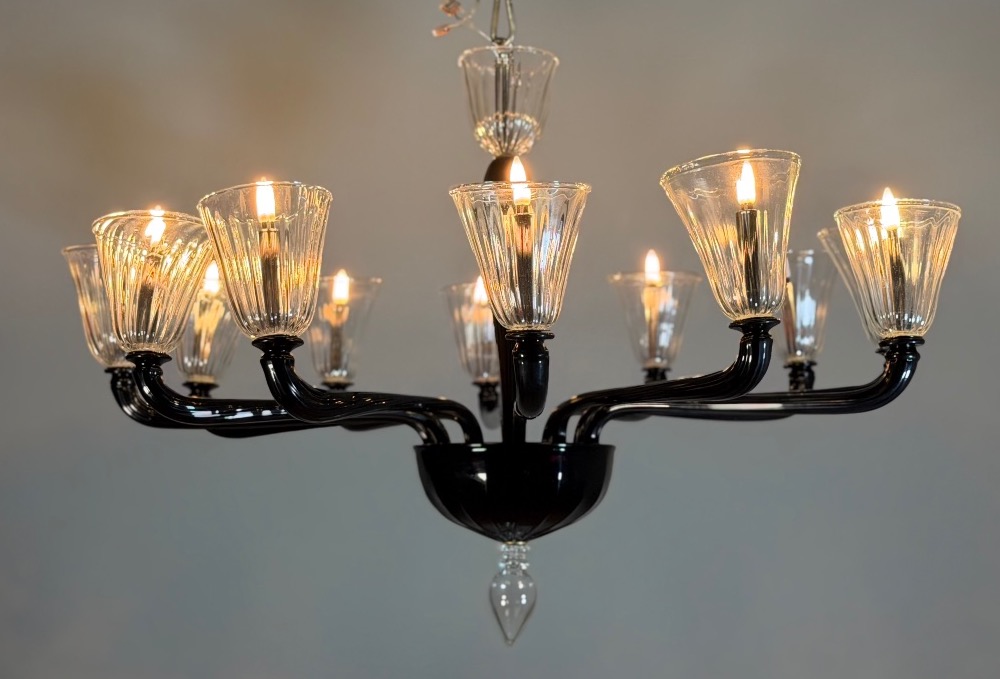 Venetian Murano Glass Chandelier In Black And Clear, 12 Light Arms, Circa 1990-photo-5