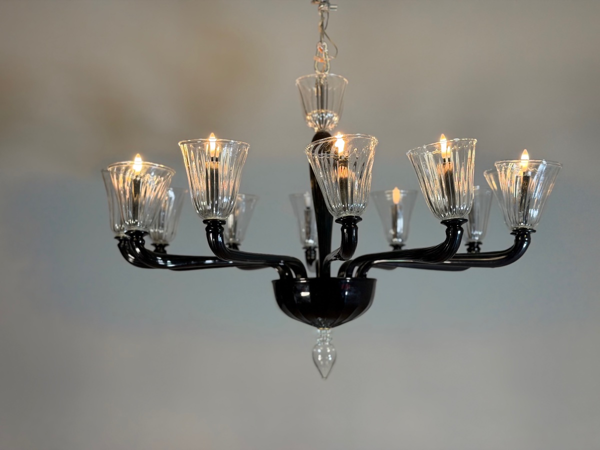 Venetian Murano Glass Chandelier In Black And Clear, 12 Light Arms, Circa 1990