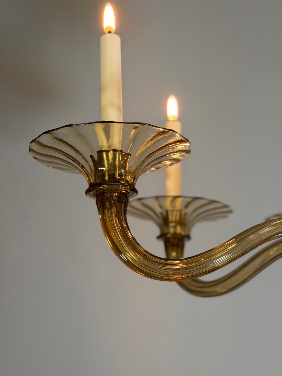 Lustre vénitien en verre de Murano mordoré par Venini vers 1920, 6 bras de lumière -photo-2