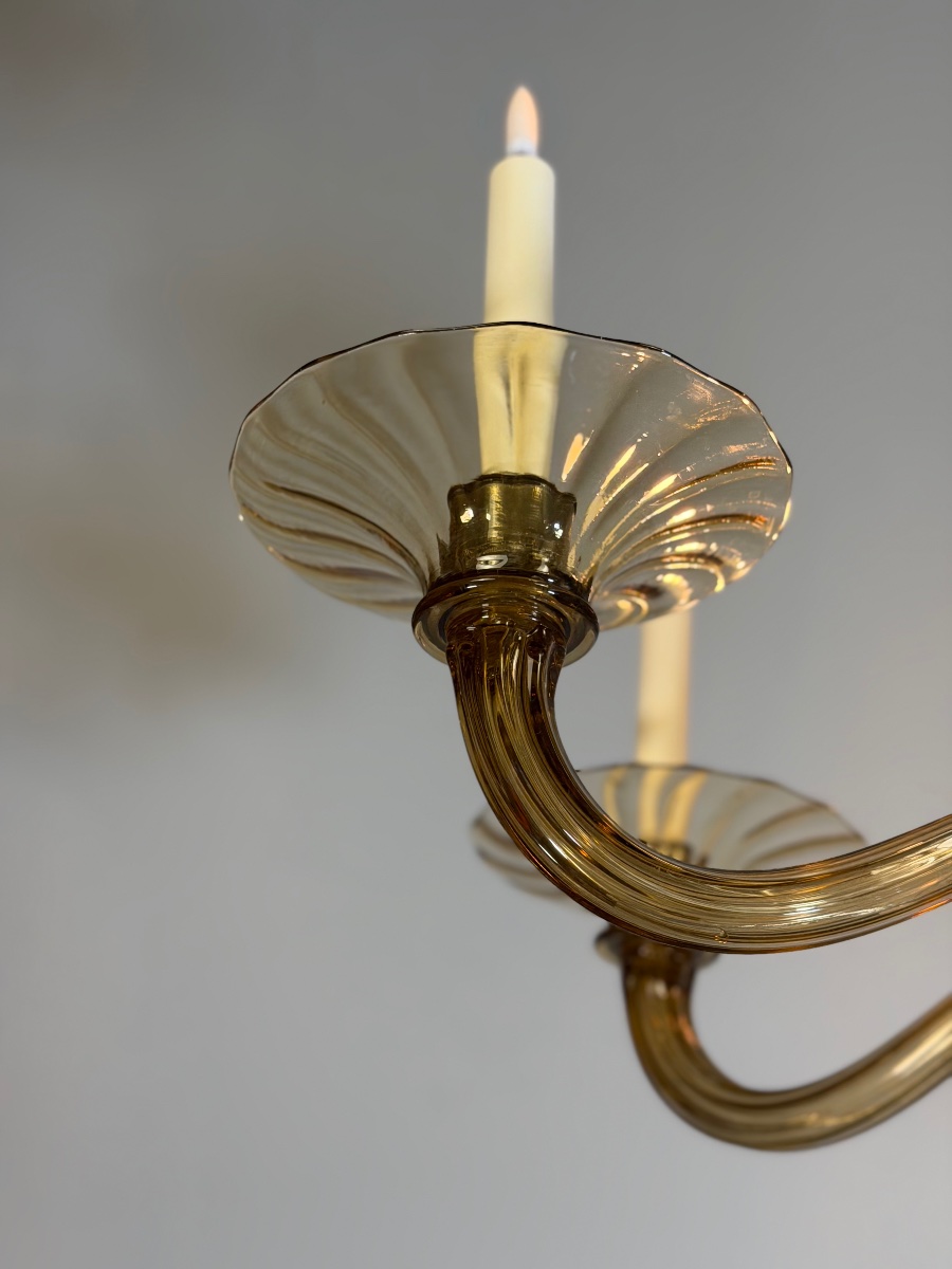 Lustre vénitien en verre de Murano mordoré par Venini vers 1920, 6 bras de lumière -photo-3