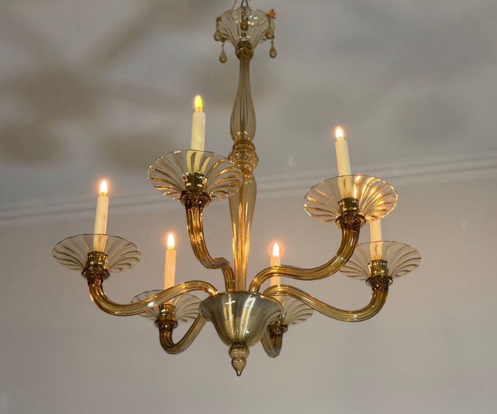 Lustre vénitien en verre de Murano mordoré par Venini vers 1920, 6 bras de lumière -photo-4