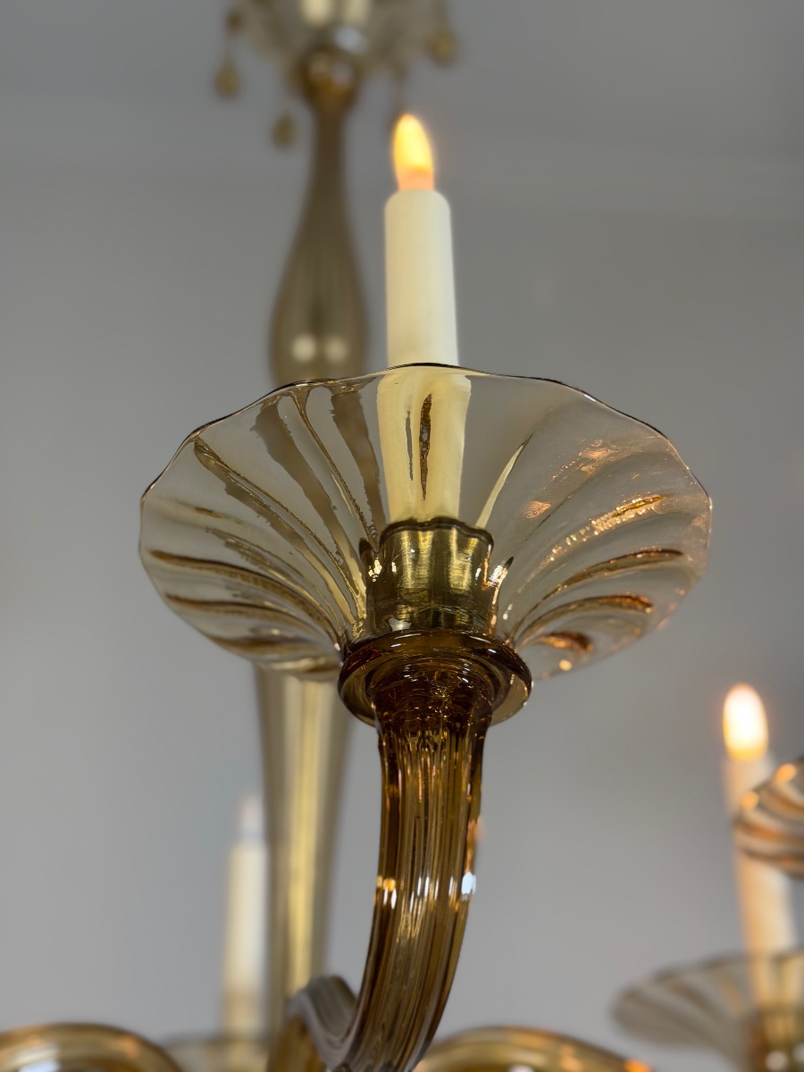 Lustre vénitien en verre de Murano mordoré par Venini vers 1920, 6 bras de lumière -photo-7