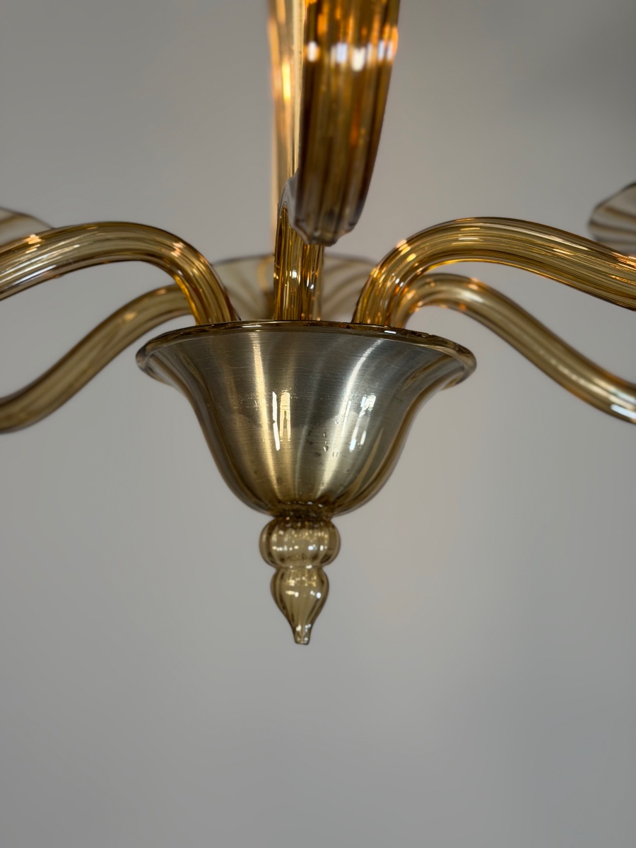 Lustre vénitien en verre de Murano mordoré par Venini vers 1920, 6 bras de lumière -photo-8