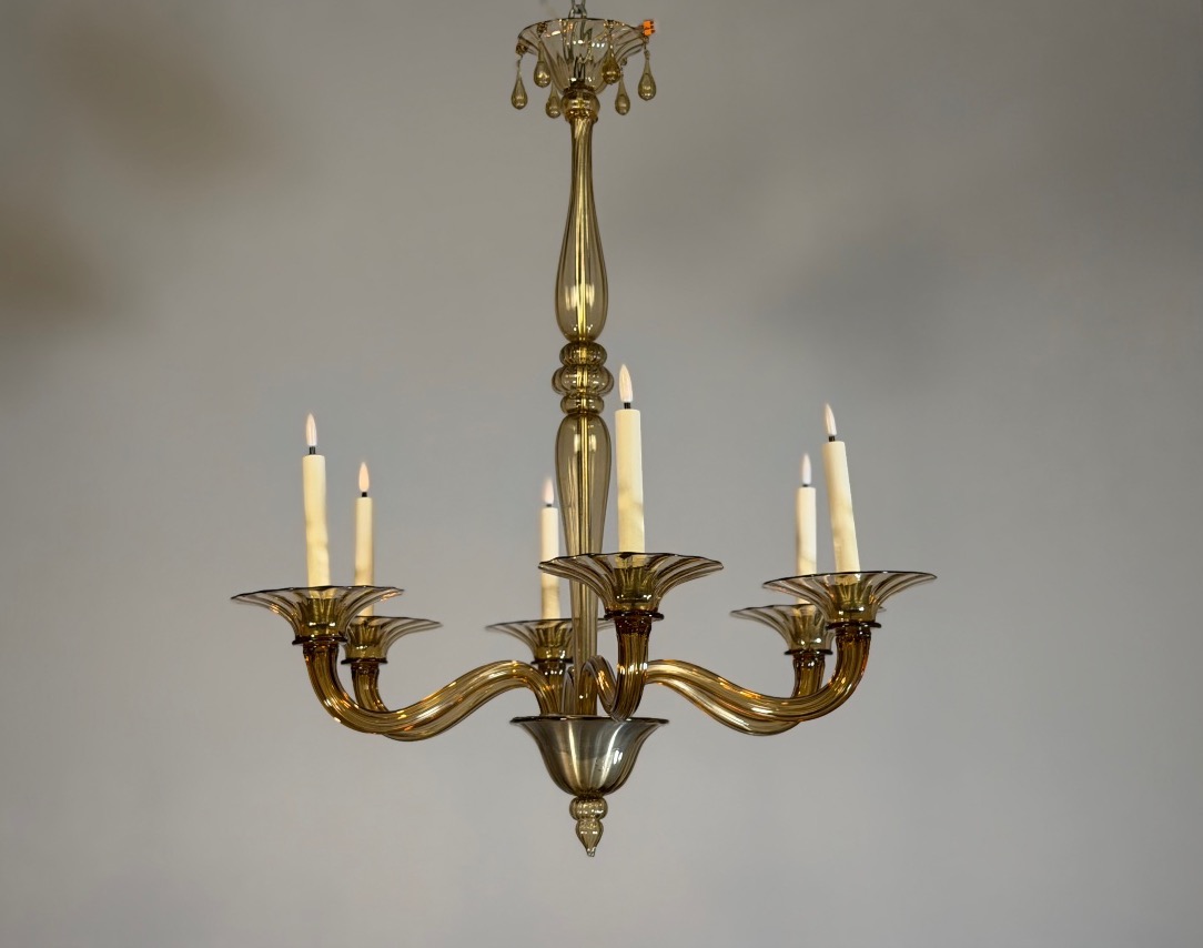 Lustre vénitien en verre de Murano mordoré par Venini vers 1920, 6 bras de lumière 