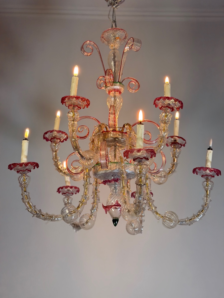 Rezzonico Venetian Chandelier Made Of Clear And Red Murano Glass, Circa 1900-photo-2