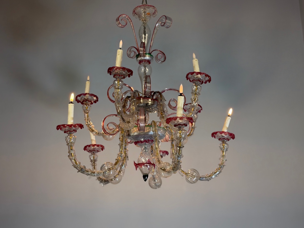 Rezzonico Venetian Chandelier Made Of Clear And Red Murano Glass, Circa 1900-photo-3