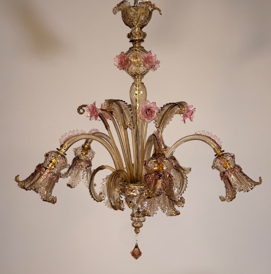 Lustre vénitien en verre de Murano mordoré et rose, 5 bras de lumière, vers 1930 -photo-2