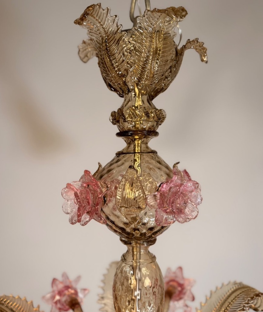 Lustre vénitien en verre de Murano mordoré et rose, 5 bras de lumière, vers 1930 -photo-4