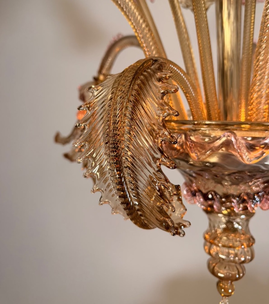 Lustre vénitien en verre de Murano mordoré et rose, 5 bras de lumière, vers 1930 -photo-1