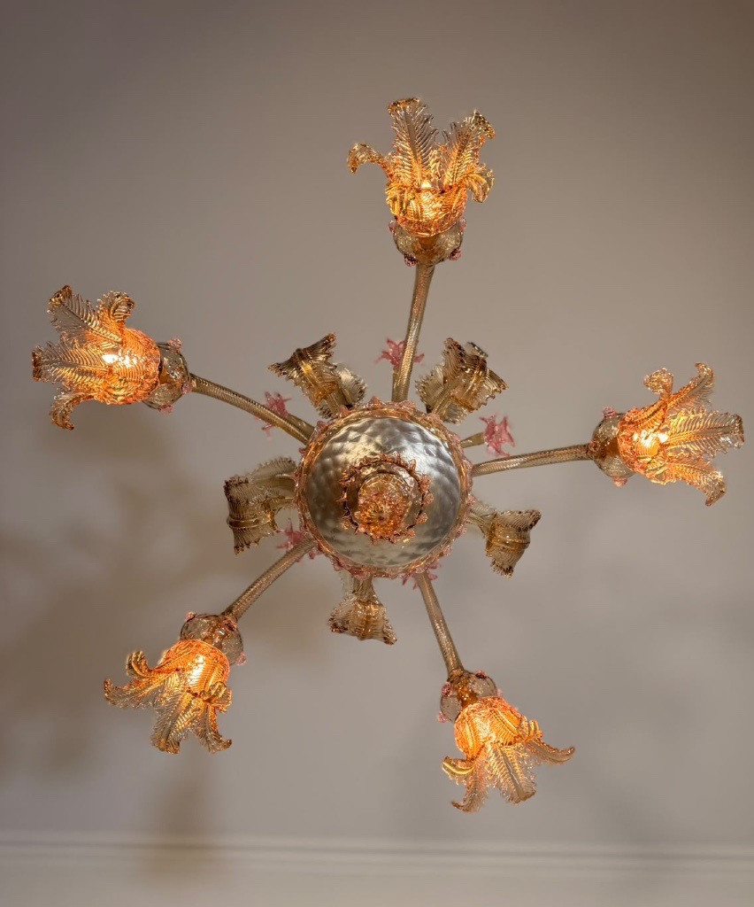Lustre vénitien en verre de Murano mordoré et rose, 5 bras de lumière, vers 1930 -photo-2
