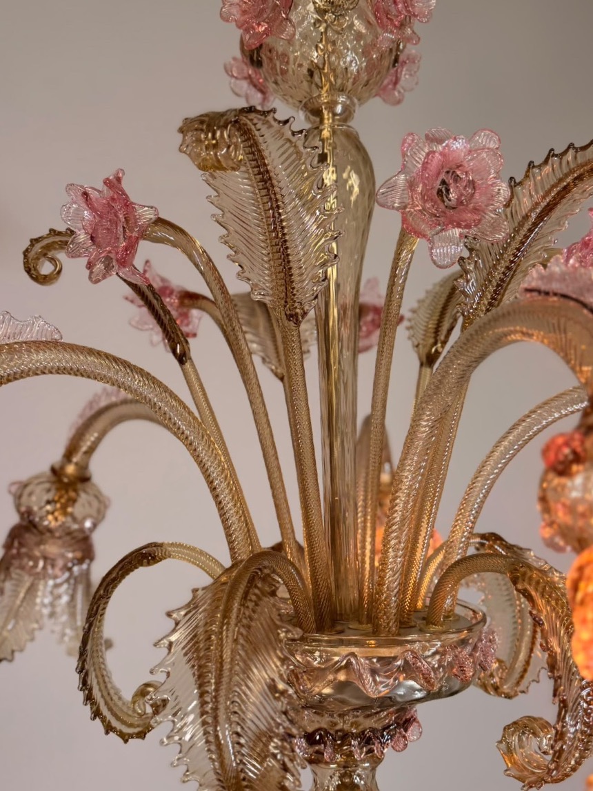 Lustre vénitien en verre de Murano mordoré et rose, 5 bras de lumière, vers 1930 -photo-4