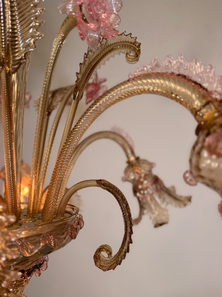 Lustre vénitien en verre de Murano mordoré et rose, 5 bras de lumière, vers 1930 -photo-5