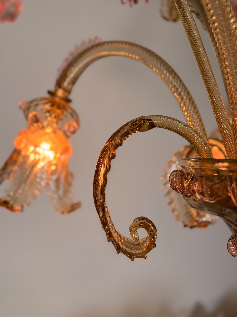 Lustre vénitien en verre de Murano mordoré et rose, 5 bras de lumière, vers 1930 -photo-6