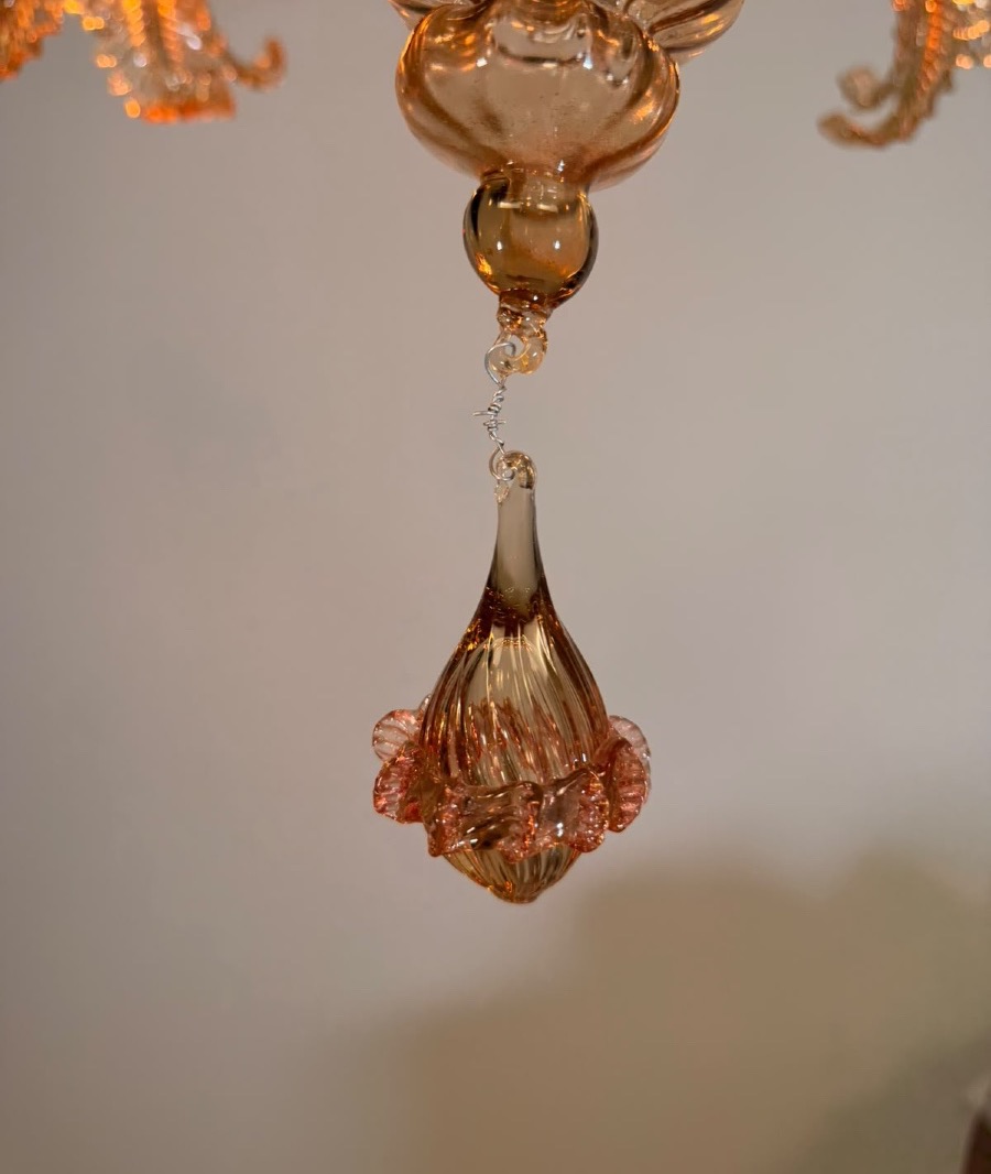 Lustre vénitien en verre de Murano mordoré et rose, 5 bras de lumière, vers 1930 -photo-8